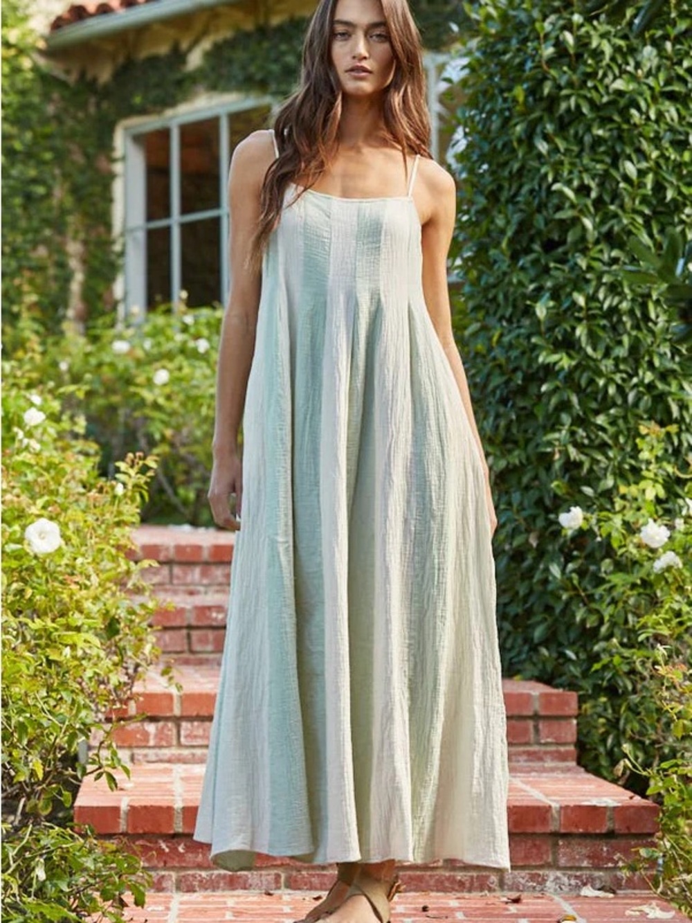 By Together Cotton Gauze Striped Cami Pintuck Midi Dress in the Cream/Mint green